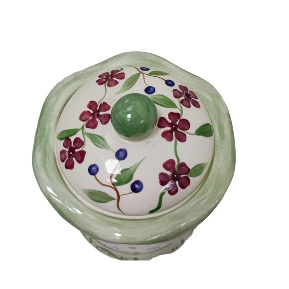 Vntg Hand Painted Ceramic Canister w Lid Butterfly Berries Flowers WHITE GREEN - Picture 8 of 16